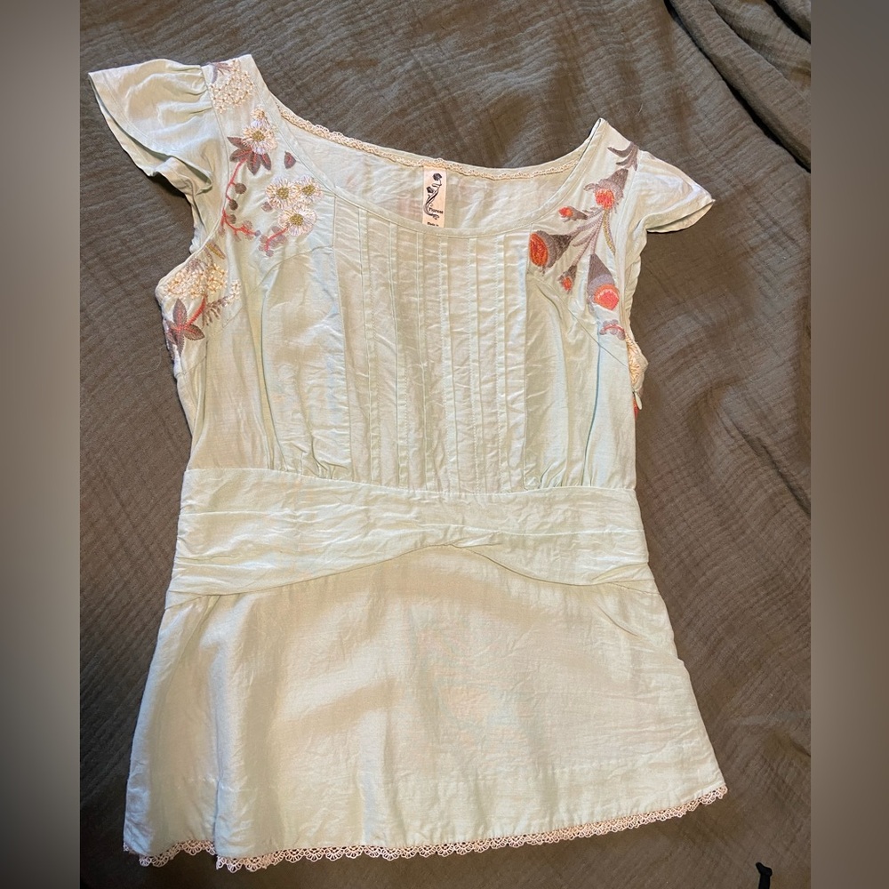 Rare Floreat Mint Green Embroidered Blouse